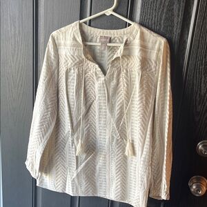 Chico's Cream Textured Peasant Blouse with Tassel Ties